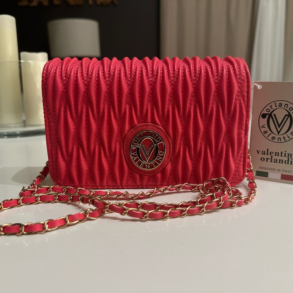 Valentino Orlandi Hot Pink Quilted Crossbody with Gold Chain